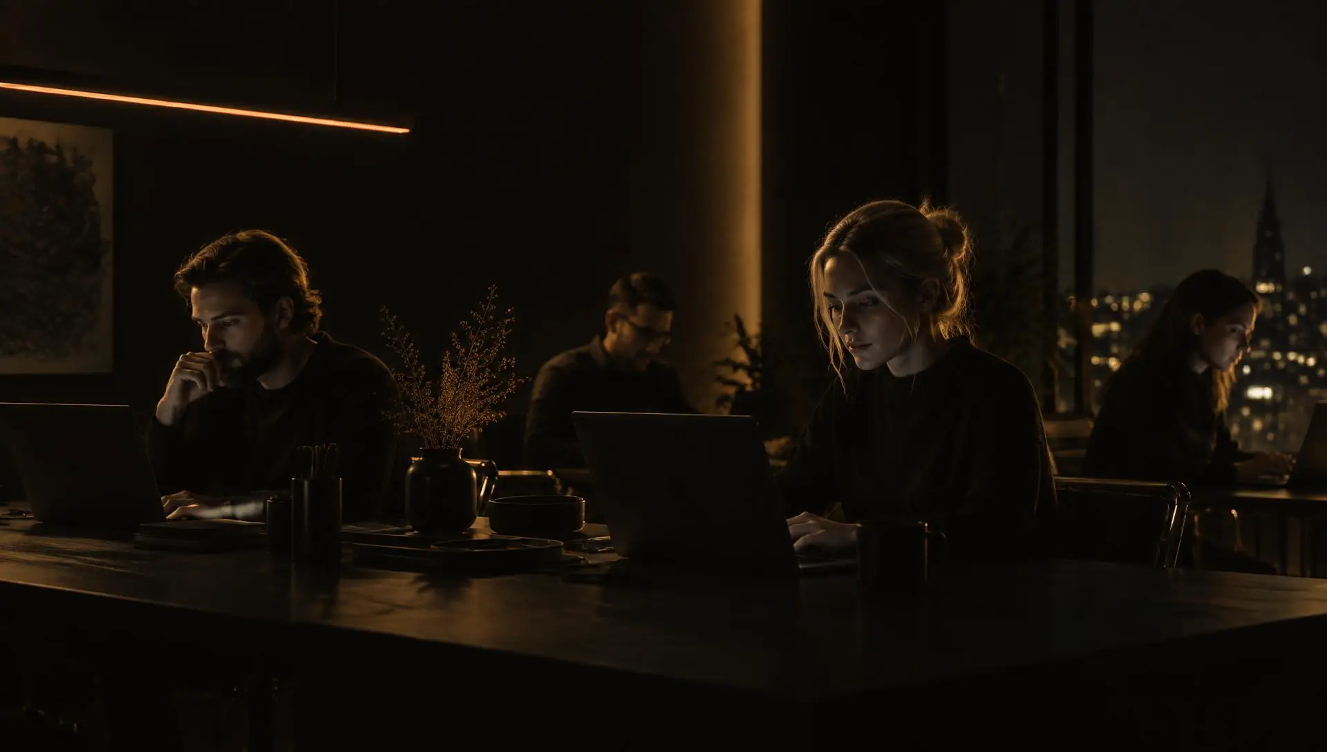People working on laptops in a dimly lit workspace in the evening